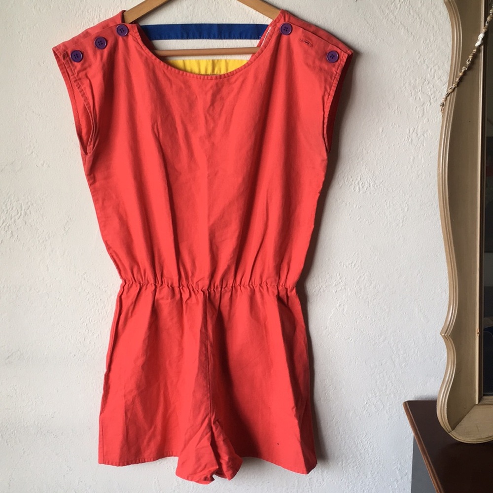 Vintage red romper w/ buttons & colorful back